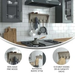 Merrick Lane Pine Wood 24 Inch Wall Mount Storage Rack With 5 Hanging Hooks And Upper Display Shelf -Safavieh Store GUEST 025be7f4 6880 4025 a5b7 9daa6b445bdc