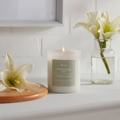 9oz Milky White Glass Woodwick Candle With Wood Lid And Stamped Logo Rainwater Lily - Threshold™ 3 9oz Milky White Glass Woodwick Candle With Wood Lid And Stamped Logo Rainwater Lily - Threshold™