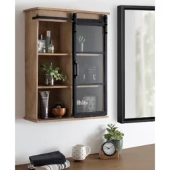 22" X 28" Barnhardt Decorative Wooden Wall Cabinet With Sliding Glass Door Rustic Brown - Kate & Laurel All Things Decor -Safavieh Store GUEST 219513b0 c922 46e5 b894 ffa14673e46b