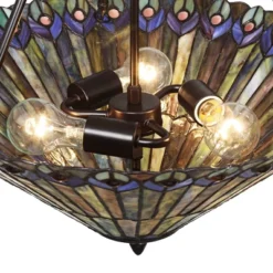 Robert Louis Tiffany Bronze Pendant Chandelier 20" Wide Rustic Peacock Stained Art Glass 3-Light Fixture For Dining Room House Kitchen Island Entryway -Safavieh Store GUEST 223bdd4f 4482 4255 8620 2963cc7ec347