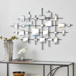 Glam Metal Abstract Wall Decor With Square Mirrored Accents Black - Olivia & May