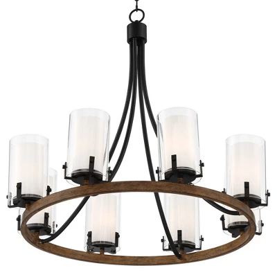 Stiffel Black Wood Wagon Wheel Chandelier 29 1/2" Wide Industrial Clear Outer Frosted Inner Glass 8-Light For Dining Room House 7 Stiffel Black Wood Wagon Wheel Chandelier 29 1/2" Wide Industrial Clear Outer Frosted Inner Glass 8-Light For Dining Room House - Image 5