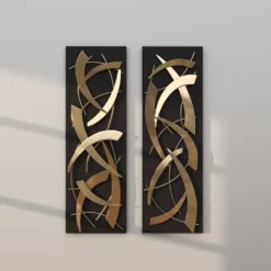 Set Of 2 Metal Abstract Dimensional Wall Decors With Wood Backing Gold - Olivia & May