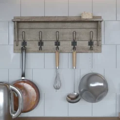 Merrick Lane Pine Wood 24 Inch Wall Mount Storage Rack With 5 Hanging Hooks And Upper Display Shelf -Safavieh Store GUEST 3cd9aa3d 93b7 4338 9283 6f20574e5022