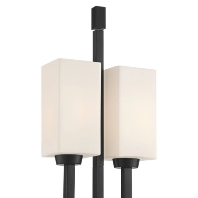 Franklin Iron Works Industrial Floor Lamp 64" Tall Matte Black 3-Light Rectangular Linen White Glass Shades For Living Room House 5 Franklin Iron Works Industrial Floor Lamp 64" Tall Matte Black 3-Light Rectangular Linen White Glass Shades For Living Room House - Image 3