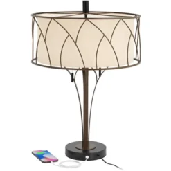 Franklin Iron Works Sydney Modern Mid Century Table Lamp 26" High Bronze With USB Charging Port Oatmeal Drum Shade For Bedroom Living Room Office Desk -Safavieh Store GUEST 50f93daa 6fec 4c3c bb97 c690db762767
