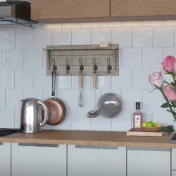 Merrick Lane Pine Wood 24 Inch Wall Mount Storage Rack With 5 Hanging Hooks And Upper Display Shelf -Safavieh Store GUEST 54e12820 a822 403f b044 ccf1c2a10348