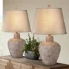 Franklin Iron Works Rustic Farmhouse Table Lamps 29" Tall Set Of 2 Brown Leaf Hammered Pot Off White Shade For Bedroom Living Room House Home Bedside