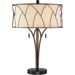 Franklin Iron Works Sydney Modern Mid Century Table Lamp 26" High Bronze With USB Charging Port Oatmeal Drum Shade For Bedroom Living Room Office Desk -Safavieh Store GUEST 630484dd 654c 4936 875a fd7139348fd1