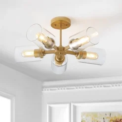 21.5" LED 5-Light Jaynie Industrial Iron Cylinder Pendant Gold/Clear - JONATHAN Y