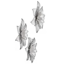 Set Of 3 Collection Of Floral Blooms Metal Wall Sculpture With Open Wire Petals White/Brown/Black - StyleCrfat
