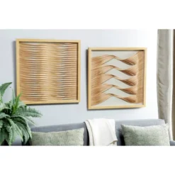 Wood Abstract Handmade Shadow Box With Rattan Weaving Set Of 2 Brown - Olivia & May