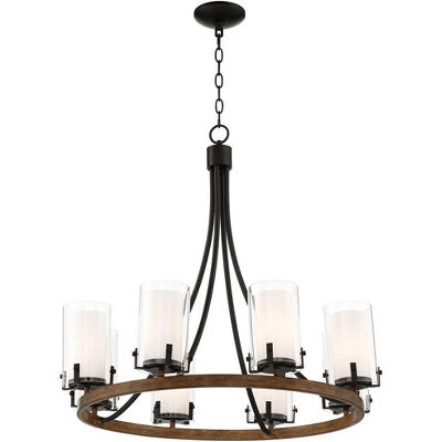 Stiffel Black Wood Wagon Wheel Chandelier 29 1/2" Wide Industrial Clear Outer Frosted Inner Glass 8-Light For Dining Room House 9 Stiffel Black Wood Wagon Wheel Chandelier 29 1/2" Wide Industrial Clear Outer Frosted Inner Glass 8-Light For Dining Room House - Image 7