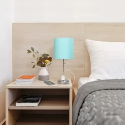 19.5" Bedside Power Outlet Base Metal Table Desk Lamp In Brushed Steel With Aqua Blue Fabric Shade - Creekwood Home -Safavieh Store GUEST a812ad80 4f1b 41d3 8c5e b4a6b3b919a3