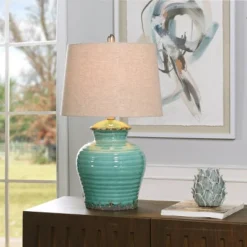 Turquoise Ceramic Table Lamp With Beige Hardback Linen Shade - StyleCraft -Safavieh Store GUEST c9ae81ad 3827 49f7 ad47 81bcc8ff254b