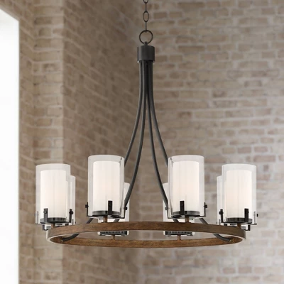 Stiffel Black Wood Wagon Wheel Chandelier 29 1/2" Wide Industrial Clear Outer Frosted Inner Glass 8-Light For Dining Room House 3 Stiffel Black Wood Wagon Wheel Chandelier 29 1/2" Wide Industrial Clear Outer Frosted Inner Glass 8-Light For Dining Room House