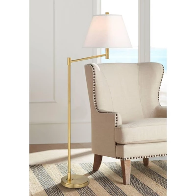 Possini Euro Design Modern Arc Floor Lamp Standing 62 1/2" Tall Warm Gold Offset Arm White Linen Drum Shade For Living Room Reading Family Bedroom 3 Possini Euro Design Modern Arc Floor Lamp Standing 62 1/2" Tall Warm Gold Offset Arm White Linen Drum Shade For Living Room Reading Family Bedroom