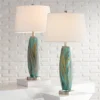 360 Lighting Azure Modern Table Lamps 29 1/2" Tall Set Of 2 Blue Brown Art Glass White Fabric Drum Shade For Bedroom Living Room Bedside Nightstand