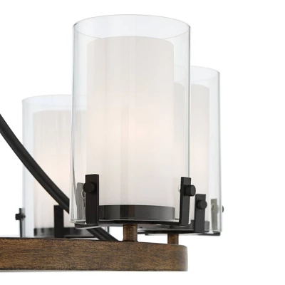 Stiffel Black Wood Wagon Wheel Chandelier 29 1/2" Wide Industrial Clear Outer Frosted Inner Glass 8-Light For Dining Room House 4 Stiffel Black Wood Wagon Wheel Chandelier 29 1/2" Wide Industrial Clear Outer Frosted Inner Glass 8-Light For Dining Room House - Image 2